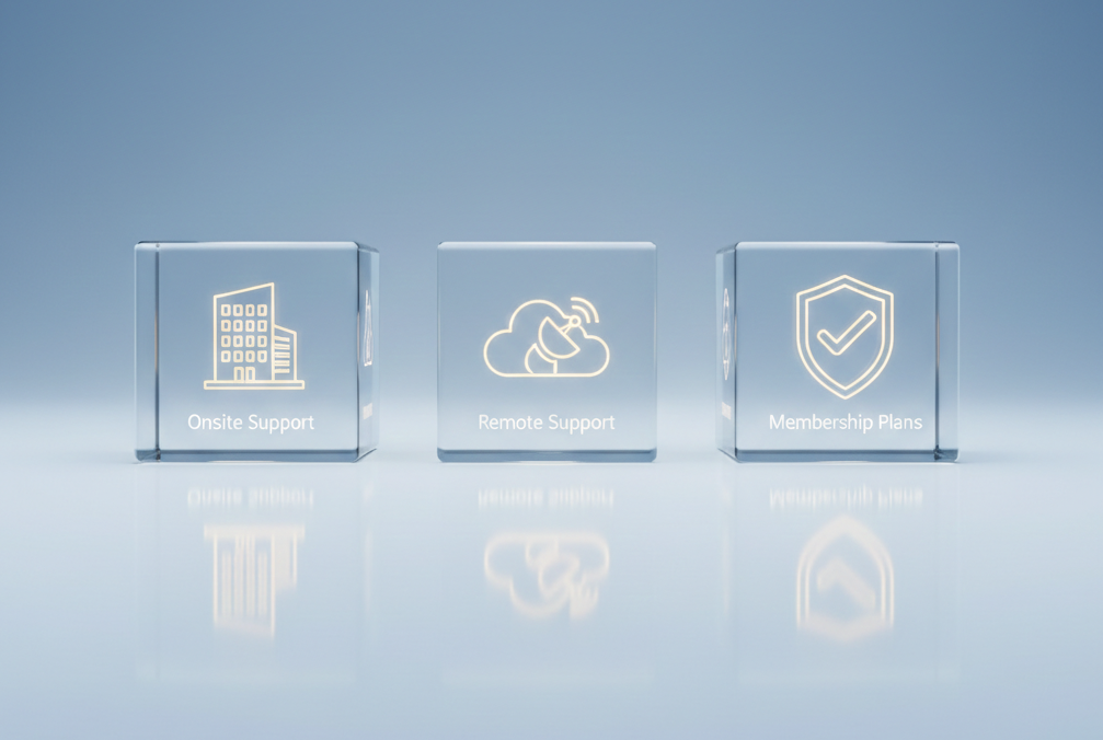 Business IT support pricing illustration showing onsite support, remote support, and membership plans